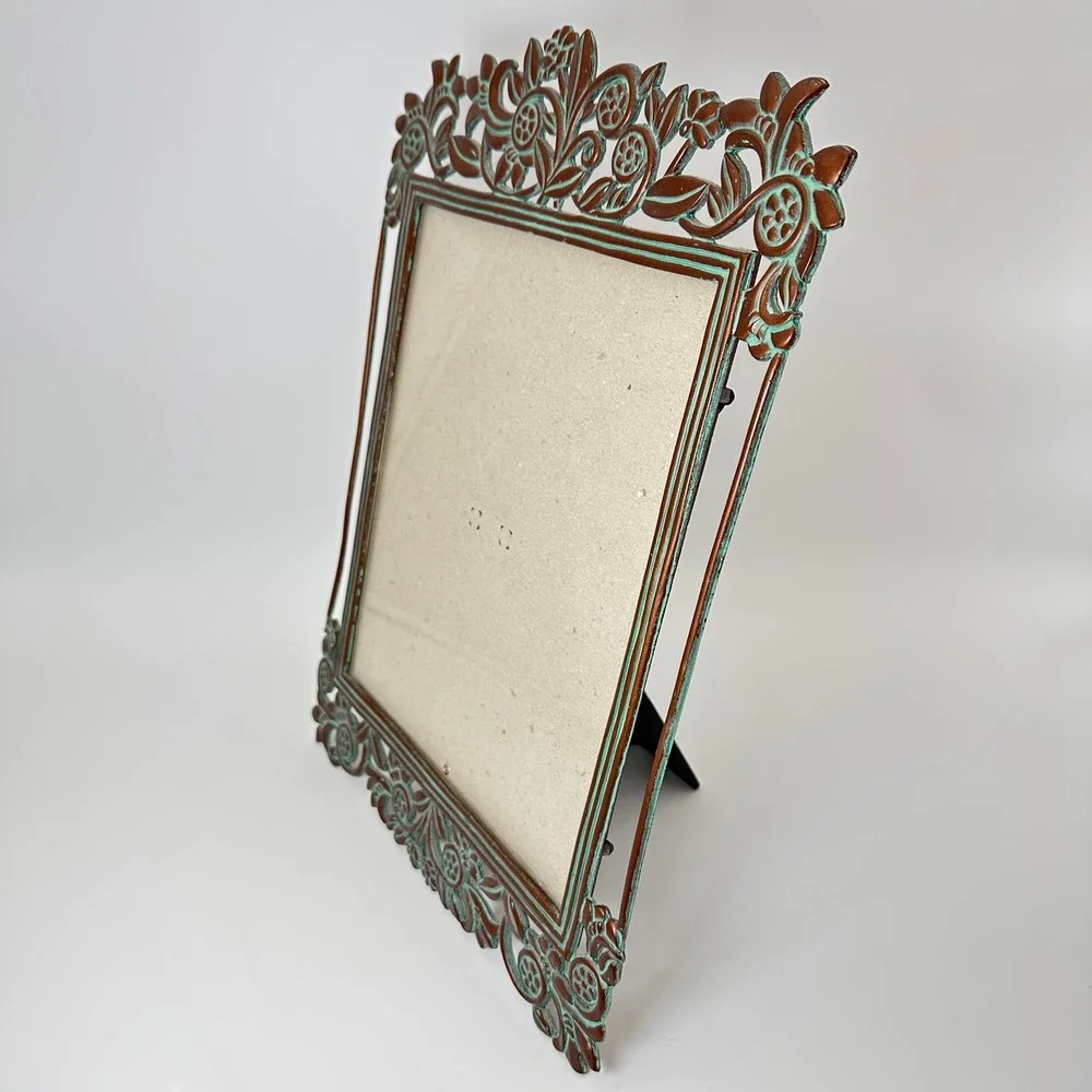 Vtg 8x10 Floral Cast Metal Picture Frame Copper Tone Turquoise Verdigris Photo